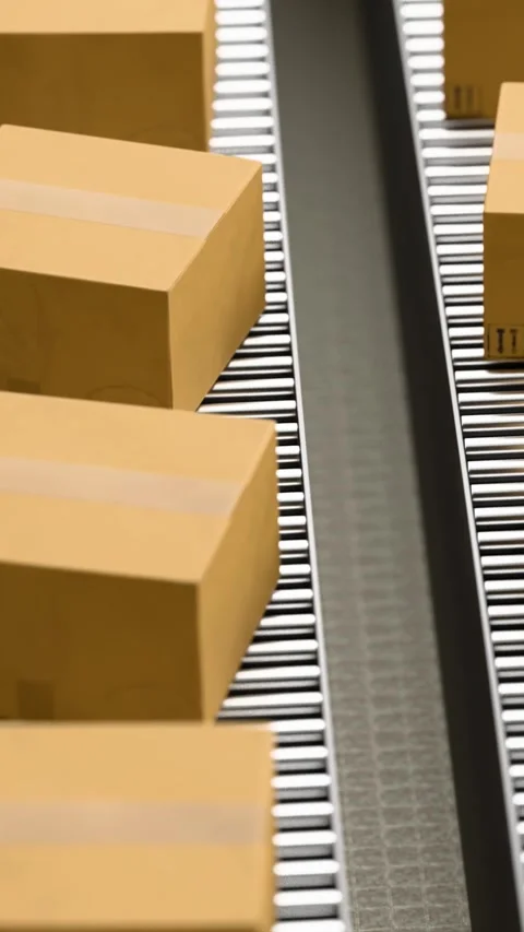 Cardboard boxes moving on roller conveyor belt in warehouse distribution center Stock Footage 330866479