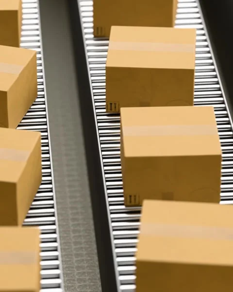 Cardboard boxes moving on roller conveyor belt in warehouse distribution center Stock Footage 330866488
