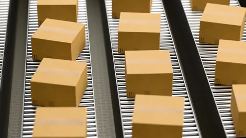 Cardboard boxes moving on roller conveyor belt in warehouse distribution center Stock Footage 330866612