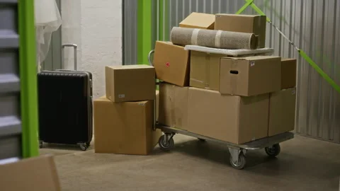 Cardboard Boxes on Moving Trolley in Self Storage Warehouse Stock Footage 340283835