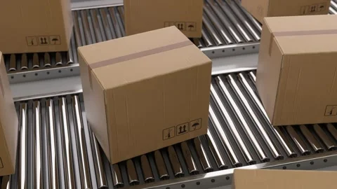 Cardboard boxes moving on a warehouse conveyor belt system Stock Footage 320647069