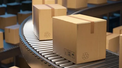 Cardboard boxes moving on a warehouse conveyor belt system Stock Footage 320647145