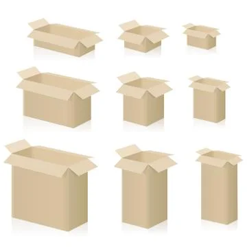 Cardboard Boxes Open Set Different Sizes Isolated Stock Illustration
