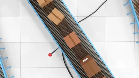 Cardboard boxes or parcel moving on conveyor belt. Top truck view. 스톡 동영상 220402030