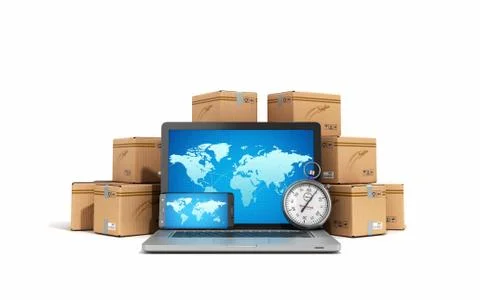 Cardboard boxes package parcels and laptop - Logistic, cargo, delivery, and s Stock Illustration