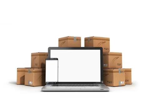 Cardboard boxes package parcels and laptop - Logistic, cargo, delivery, and s Stock Illustration