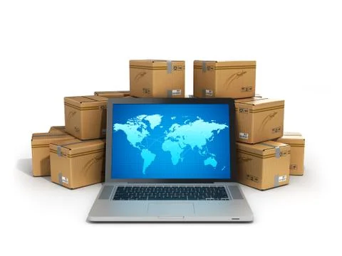 Cardboard boxes package parcels and laptop - Logistic, cargo, delivery, and s Stock Illustration