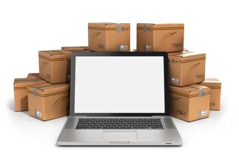 Cardboard boxes package parcels and laptop - Logistic, cargo, delivery, and s Stock Illustration