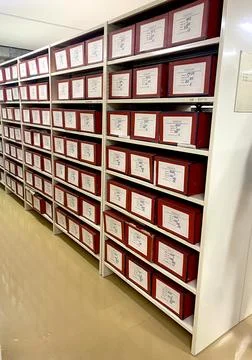 Cardboard boxes for paper documents, drawings and records standing on steel Stock Photos