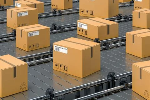 Cardboard boxes, parcels on conveyor lines. 3D rendering Stock Illustration