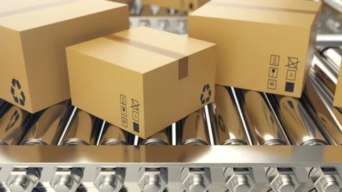 Cardboard boxes progresses along conveyor belt loopable animation. Cardboard Stock Footage 86188552