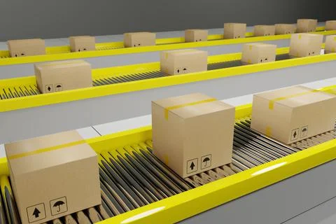 Cardboard boxes progresses along on conveyor belt. 3d illustration. 스톡 일러스트
