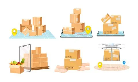 Cardboard Boxes, Quadcopter and Map as Navigation Vector Illustrations Set Stock Illustration
