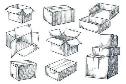 Cardboard boxes set. Closed and open empty postal packages collection. Vector Stock Illustration