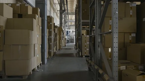 Cardboard Boxes on shelves Inside Storage. Warehouse complex. Logistics Terminal Stock Footage 98544588