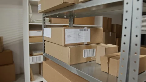 Cardboard Boxes with Shipping Labels Sitting on Warehouse Shelves Stock Footage 342589140