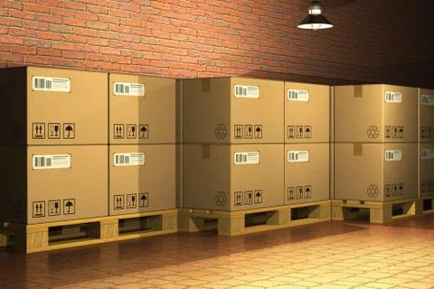 Cardboard boxes on shipping pallets in storage warehouse Stock Illustration