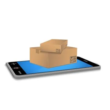 Cardboard boxes on smartphone, delivery service concept. Stock Illustration