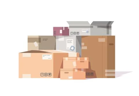 Cardboard boxes stack. Carton parcels and delivery packages pile, flat warehouse Stock Illustration