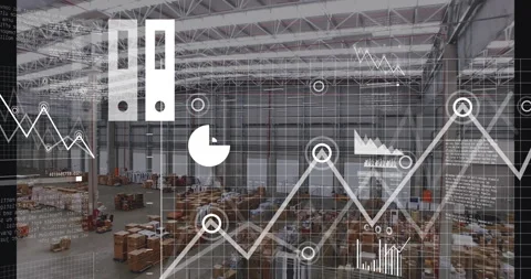 Cardboard boxes stacking on wooden pallets while analytics overlays floating 스톡 동영상 309034723