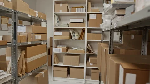 Cardboard Boxes Stored on Shelves in E Commerce Warehouse Stock Footage 342589495
