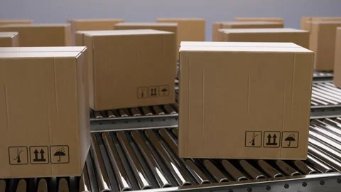 Cardboard boxes transported on a factory conveyor belt Stock Footage 320647067