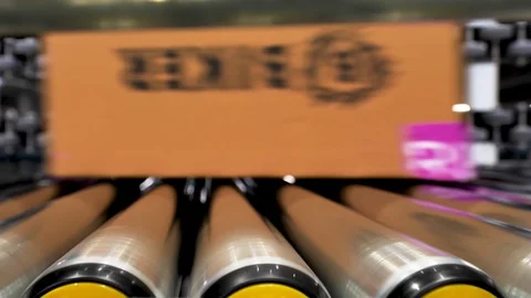 Cardboard boxes transporting on conveyor belt in warehouse Stock Footage 122122528