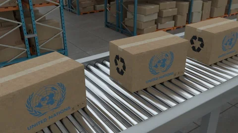 Cardboard boxes with UN Logo on conveyor belt line isolated on warehouse. Stock Footage 231554783