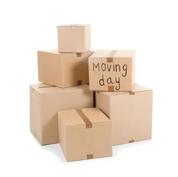 Cardboard boxes on white background. Moving day 스톡 사진