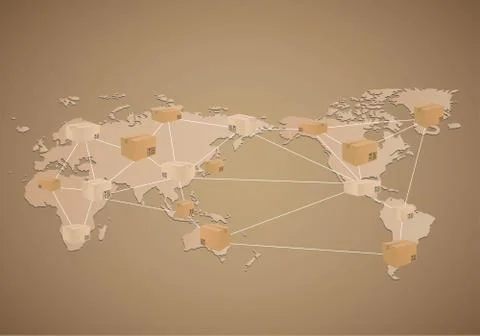 Cardboard boxes on world map background Stock Illustration
