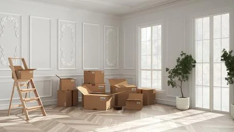Cardboard carton boxes stack in classic empty room, wooden step ladder, inter Stock Illustration