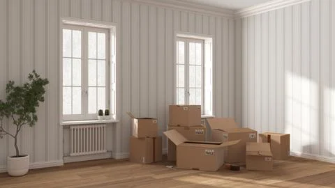 Cardboard carton boxes stack in modern empty room, interior design. Wallpaper Illustrazione stock