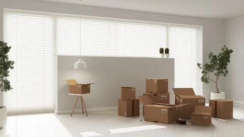 Cardboard carton boxes stack in modern empty room, interior design. Window wi Illustrazione stock