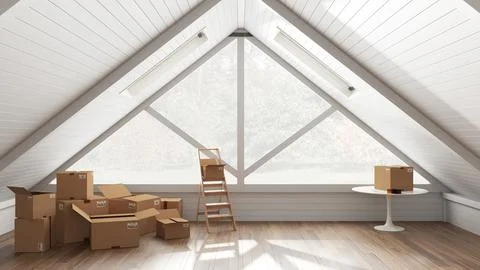 Cardboard carton boxes stack in modern empty room, wooden step ladder, mezzan Stock Illustration