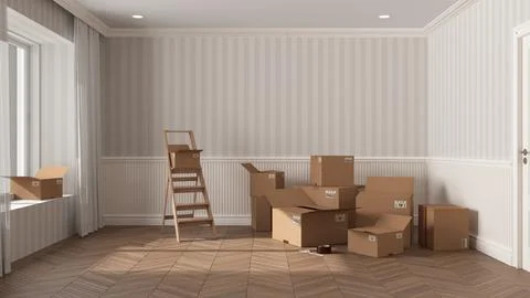 Cardboard carton boxes stack in modern empty room, interior design. Wallpaper イラスト素材