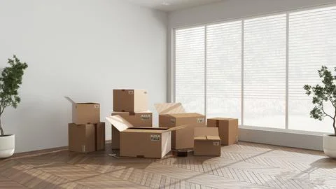 Cardboard carton boxes stack in modern empty room, wooden step ladder, interi 스톡 일러스트