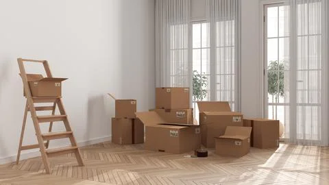 Cardboard carton boxes stack in modern empty room, wooden step ladder, scandi Stock Illustration