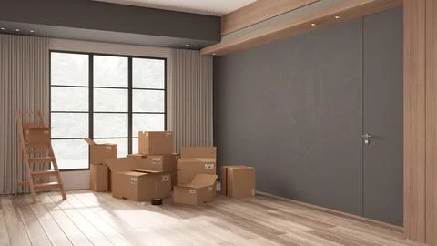 Cardboard carton boxes stack in modern empty room, wooden step ladder, minima Stockillustratie