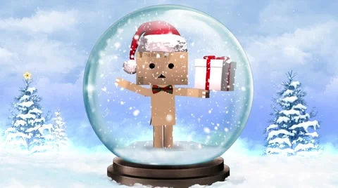 Cardboard Character in a Snow Globe with Present Stock Footage 57309698