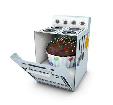 Cardboard Cooker with Cake inside, Isolated on White Background. 3d Illustrat Stock Illustration