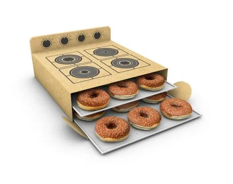 Cardboard Cooker with Cake inside, Isolated on White Background. 3d Illustrat Stock Illustration