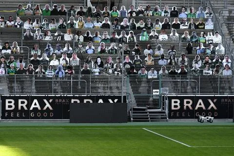 Cardboard cutouts replace supporters at empty soccer stadium in Germany, Moenche Foto stock
