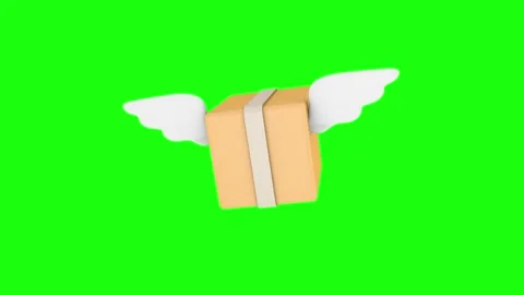 Cardboard delivery box with white wings hovers and flaps against a bright Vídeo Stock 344129655