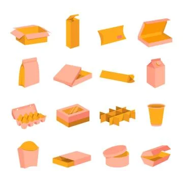 Cardboard delivery shipping packaging boxes cartoon icons set. Opened, closed Stock Illustration