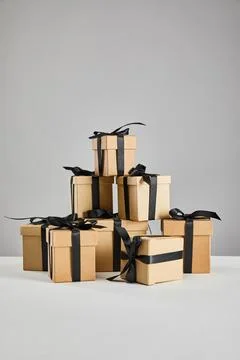Cardboard gift boxes black ribbons Stock Illustration