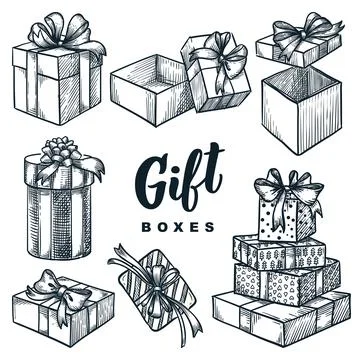 Cardboard gift boxes set. Closed and open empty holiday packages collection. Stock Illustration