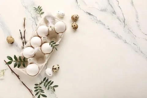 Cardboard holder with Easter eggs, leaves, gypsophila flowers and pussy willo Stock Photos