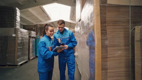 Cardboard industry, paper mill. Workers scan a barcode in a packaging warehouse. Stock Footage 220855017