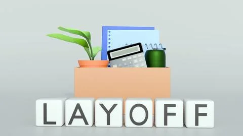 A cardboard moving box filled with typical office items with the word LAYOFF Stock Illustration