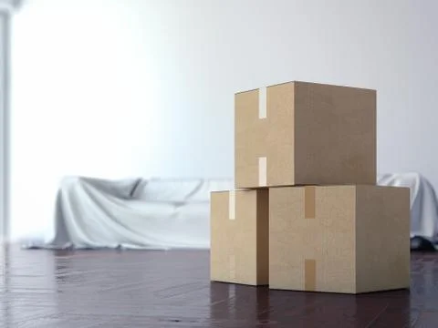 Cardboard moving boxes in interior. 3d rendering Stockillustratie